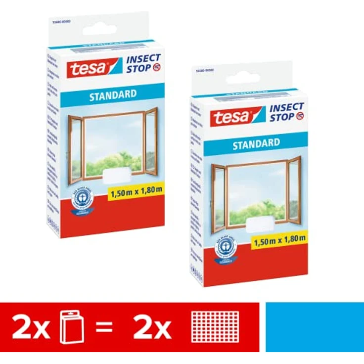 tesa Insect Stop STANDARD Fliegengitter für Fenster im 2er Pack - Insektenschutz zuschneidbar - Mückenschutz ohne Bohren - 1 x Fliegen Netz weiß - 150 cm x 180 cm – Bild 2
