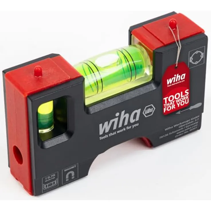 Wiha Mini Wasserwaage Pocket 10 cm, Magnet Wasserwaage mit 4-Ring-Libelle und vertikaler Libelle für präzises Ausrichten, ideal für Elektriker und Steckdosenmontage