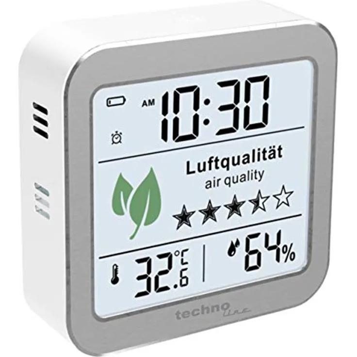technoline WL1020 Luftgütemonitor zur Überwachung der Raumluftqualität, Nachfolger des WL1005, Temperaturanzeige, Luftfeuchteanzeige, Alarm bei schlechter Luftqualität, silber, weiß
