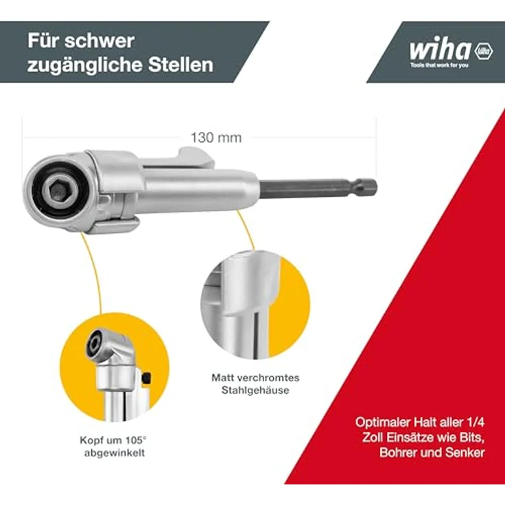 Wiha Winkelschraubvorsatz (32311), 105° abgewinkelter Kopf, Schnellwechsel, 130 mm, für DIN 3126 Bits, mattverchromt – Bild 4
