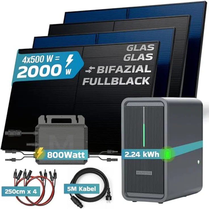 SUNNIVA® SUNNIVA 2000W Balkonkraftwerk, Bifaziales FULLBLACK Komplettset mit 2,24 kWh Marstek B2500-D Speicher und 4x 500W N-Type Glas-Glas Modulen – Bild 3