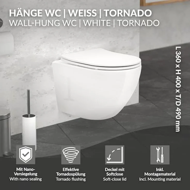 LuxeBath Wand WC Spülrandlos, Weiß, Tiefspüler Keramik Hänge WC, 49 cm, Nano Beschichtung, Tornadospülung, Glänzende Kloschüssel Hängend mit WC-Sitz Absenkautomatik – Bild 2