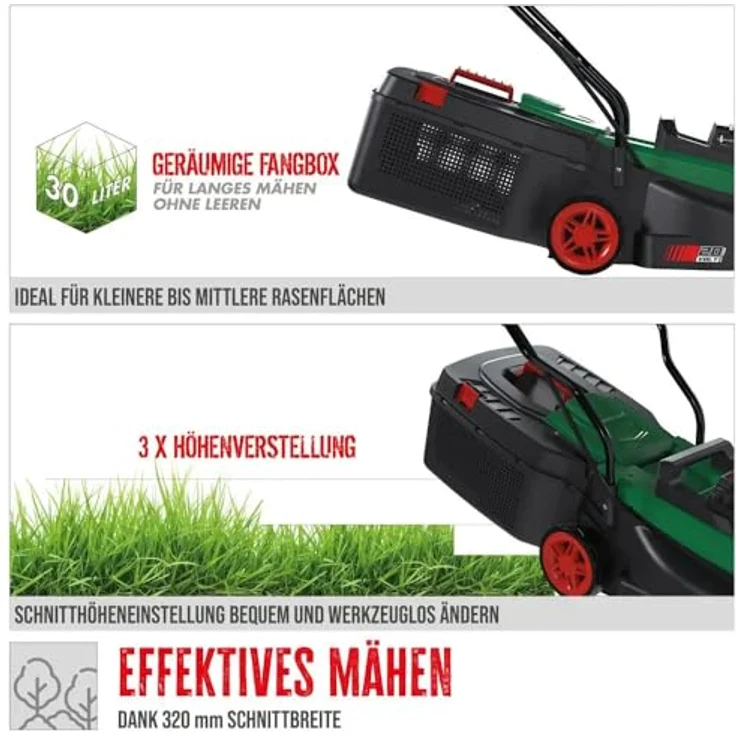 GUEDEAKTIVBANK Akku Rasenmäher 320/20-4, Brushless Motor, 3-fache Höhenverstellung, 30 l Grasfangbox – Bild 3
