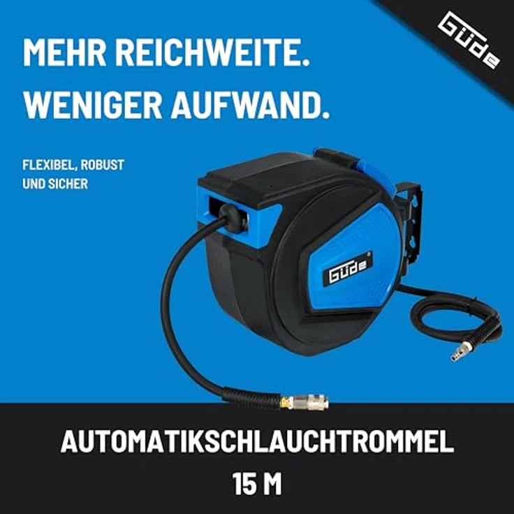 Güde Automatischer Schlauchaufroller 15 m, 12 bar max. Arbeitsdruck, 180° schwenkbar, knick- und abriebfester Hybridschlauch – Bild 2