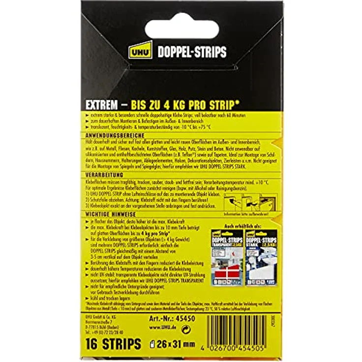 UHU 45450 Doppel-Strips Extrem, 4 kg, 26 mm x 31 mm, 16 Stück - Preisvergleich – Bild 2