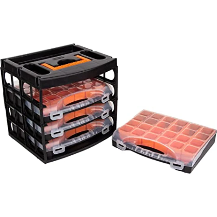 BigDean Werkzeugkoffer Sortierkasten mit 4 herausnehmbaren Schubladen Sortimentskasten - Flexibles Ordnungssystem, Kunststoff, schwarz, orange, transparent – Bild 2