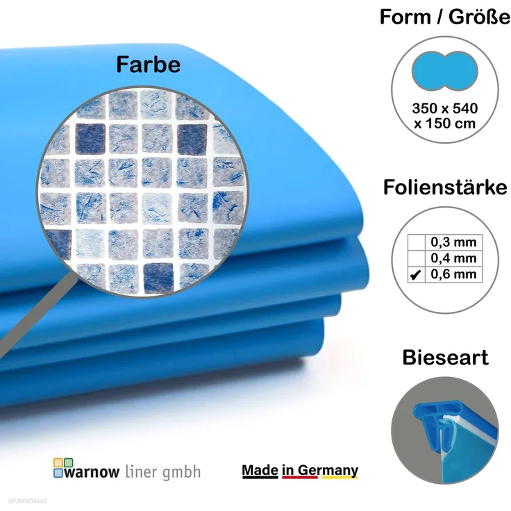 Warnow Liner Premium Poolfolie für Achtformpool, 540 cm x 350 cm x 150 cm, 0,6 mm, mosaik grau