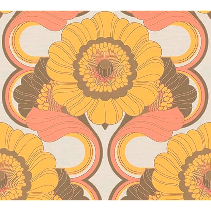 A.S. Création Retro-Tapete 70er Jahre, Vliestapete mit Blumenmuster in Gelb, Orange, Braun, 0,53 x 8,5 m, Made in Germany – Bild 2