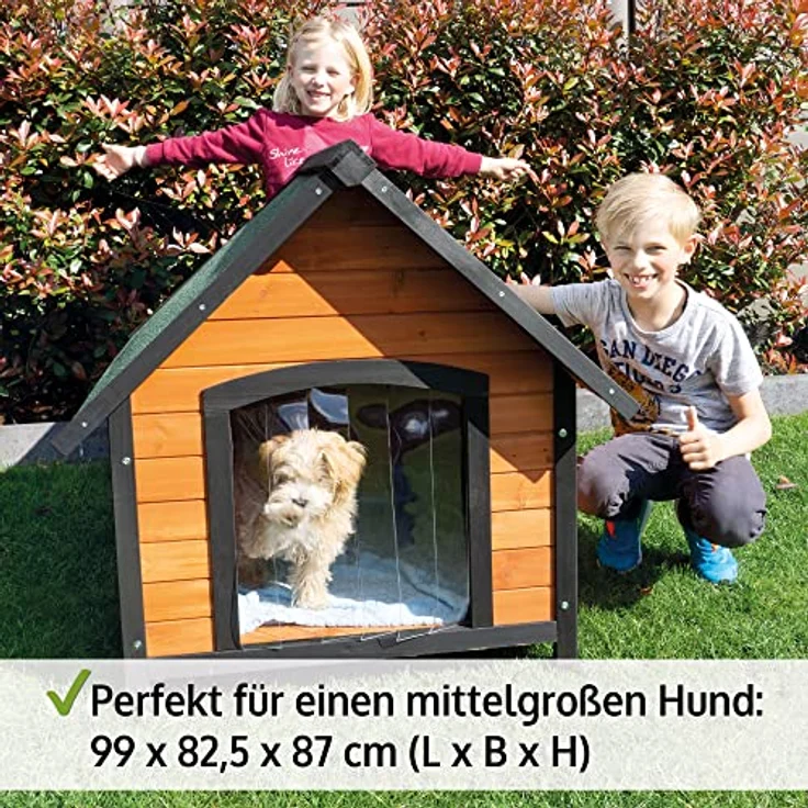 zooprinz Premium Hundehütte Luna, wetterfestes Vollholz, Dach zum Öffnen, Lamellentür, braun-schwarz, 2 Größen (L und XXL) – Bild 3