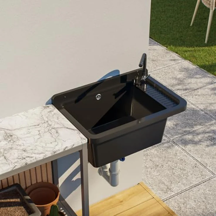 QLS Küchenspüle Gradia, Kunststoff-Spülbecken, mit Siphon, 50 x 34 cm, für draußen Garten Werkstatt, Polypropylen, grau – Bild 5