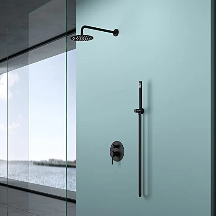 doporro Design Unterputz-Duschsystem Duschset schwarz matt Regen-Duschkopf rund mit wassersparender Kopfbrause und Duscharmatur – Bild 2