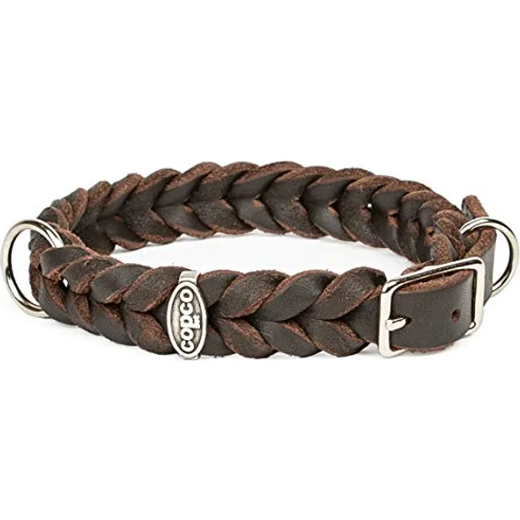 Fettleder-Halsband geflochten mit Dornschließe, geflochtenes Hundehalsband, Handarbeit aus Deutschland, hochwertiges Rindsleder (25-29 cm 15 mm verchromt, Braun)
