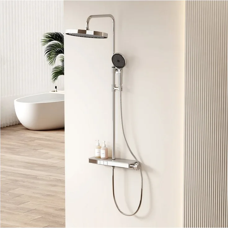 EMKE Duschsystem Thermostat Duschset mit 40cm Thermostatische Platt Neoperl Blister, Höhe 83 cm, 3 Strahlarten, Brausestange, Handbrause, Regendusche, Wasserauslass - Preisvergleich