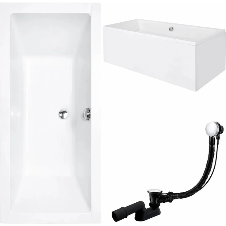 KOLMAN Badewanne QUADRO 155 x 70 cm, mit Acrylschürze, Bambus Badewannenablage, Kopfstütze KODI, inkl. Ablauf und Füße, schneeweiß