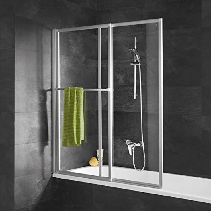 Schulte D1130 01 50 Duschabtrennung mit Handtuchhalter, ausziehbar 70 – 118 cm, 140 cm hoch, 3 mm Sicherheitsglas Klar hell, alu natur, Duschwand für Badewannen – Bild 1
