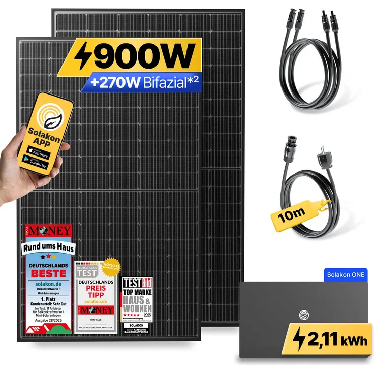 Solakon ONE 900W Balkonkraftwerk mit 2,11 kWh Speicher, Steckerfertig und WIFI, komplettes Photovoltaik Set mit 10m Kabel