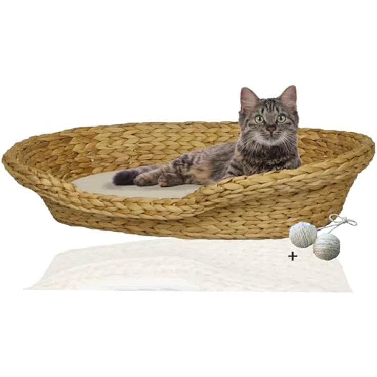 Rohrschneider® Komfortables Katzenkörbchen mit Katzenkissen| Katzennest Korb Wasserhyazinthe | Katzenkörbchen geflochten zum Schlafen | Umweltfreundliches Katzenbett mit Kissen | 2 Größen (2) – Bild 1