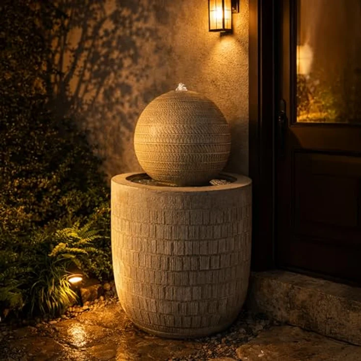 Köhko Gartenbrunnen Kugelbrunnen, moderner Zierbrunnen mit strukturierter Oberfläche und kaltweißer LED-Beleuchtung, 62 cm Höhe – Bild 7