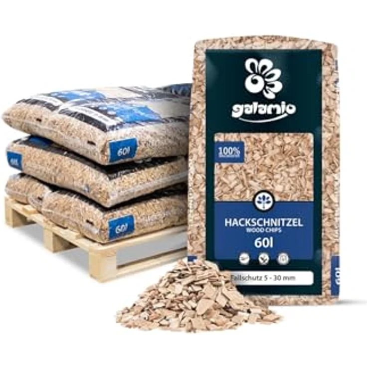 GALAMIO Holzhackschnitzel, Natur Mulch aus Kiefer Pinus Sylvestris, Grob 5-60mm, 720l (60l x 12 Säcke) für Garten und Hochbeet – Bild 1