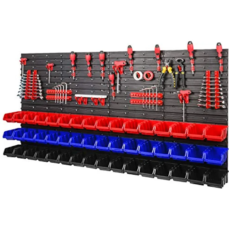 Lagersystem Wandregal - 1544 x 780 mm – 48 Stapelboxen mit Wandplatten + Werkzeughalter – Werkstattwand Set XXL 84 Elemente (Rot/Schwarz/Blau)