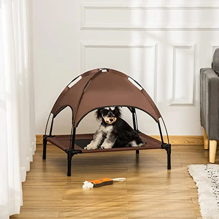 PawHut Haustierbett mit Baldachin, Erhöhtes Hundebett, Hundeliege Outdoor mit Dach, Atmungsaktiv, Taftstoff Kaffee 76 x 61 x 73 cm – Bild 2