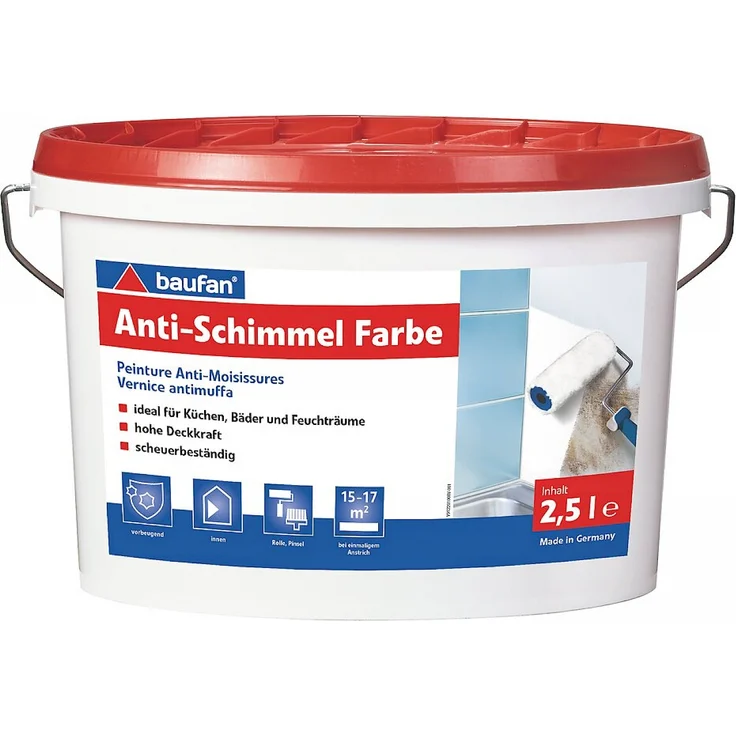 Baufan Anti-Schimmelfarbe 2,5 l für Küchen, Bäder, Feuchträume mit Filmkonservierung zum Langzeitschutz des Farbfilms vor Schimmelbefall für innen – Bild 1