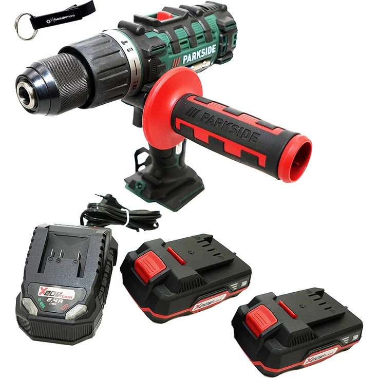 PARKSIDE® 20V Akku Bohrschrauber PSBSA 20 + HEADNMORE® Schlüsselanhänger inkl. 2x2Ah Akku, LED-Arbeitsleuchte, Metall-Bohrfutter, 45 Nm Drehmoment