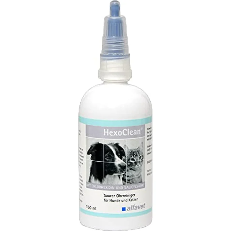 Alfavet HexoClean saurer Ohrreiniger für Hund und Katze mit ohrfreundlichem Weichgummiapplikator, Chlorhexidin und Salicylsäure, 150ml Plastikflasche – Bild 1