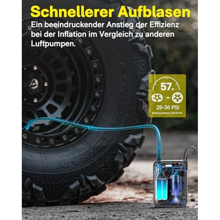 HOTO Elektrische Luftpumpe Pro 120PSI Akku Luftpumpe Fahrrad, Mini Kompressor mit 7500mAh Akku, Wiederaufladbarer Fahrradpumpe Elektrisch mit Digitale Anzeige LED Licht 5 Modi, Schwarz – Bild 3