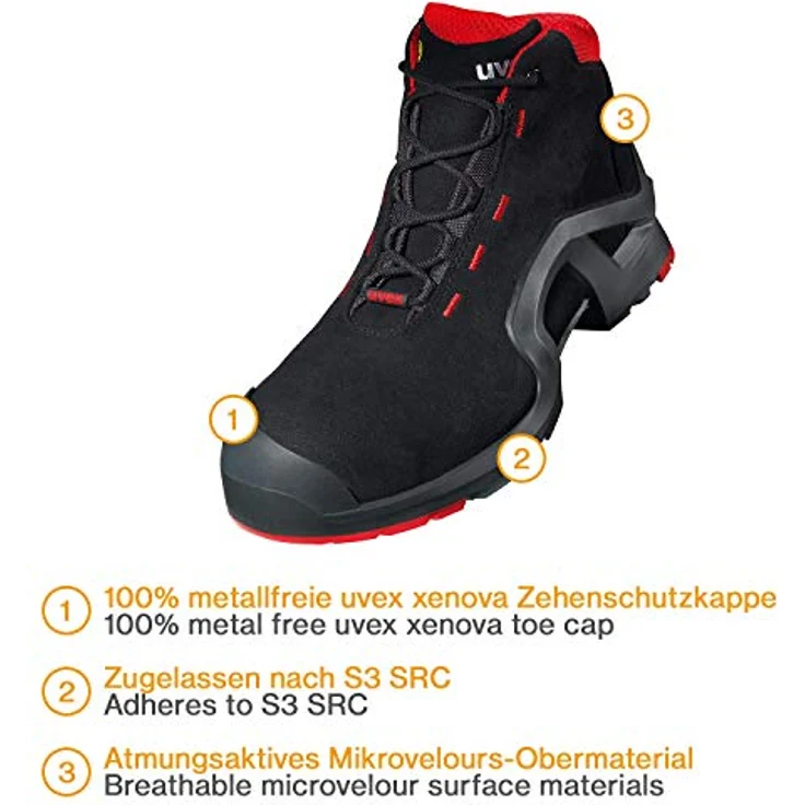Uvex x-tended Sicherheits-Stiefel Gr. 42 W11 S3L ESD, metallfrei, schwarz/rot, atmungsaktiv, hohe Flexibilität, EN ISO 20345:2011 S1 SRC – Bild 2