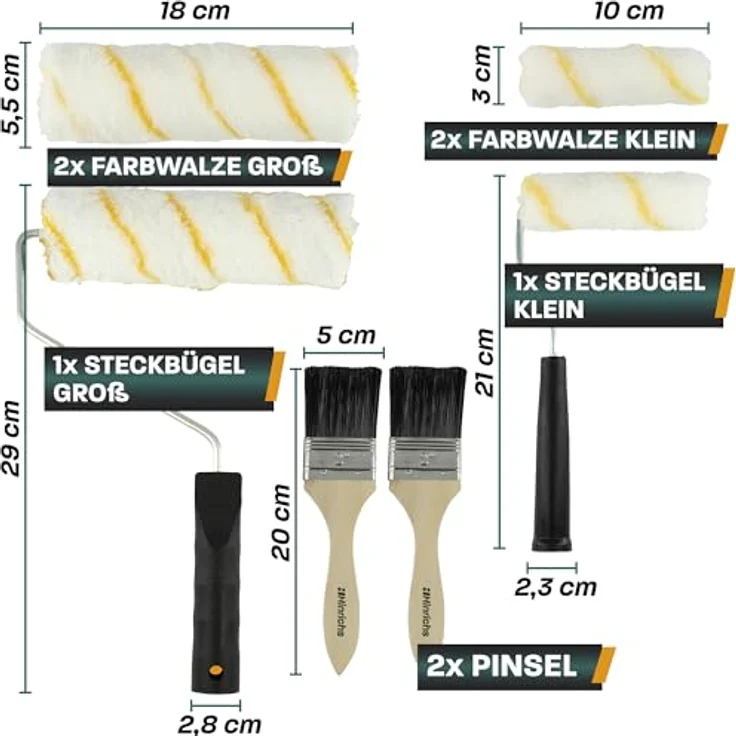 Hinrichs Malerset Streichen 12-teilig, Farbroller Set mit Farbwanne, Abstreifgriff, Abdeckplane, Kreppband, Pinsel und Steckbügel für präzise Malerarbeiten – Bild 2