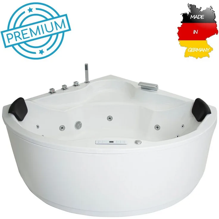 Basera® Whirlpool-Badewanne PREMIUM Indoor Eck-Whirlpool Badewanne Nendo 149 x 149 cm, Weiß, (Komplett-Set), mit 21 Massagedüsen, Heizung, Ozongenerator, Bodenansaugung