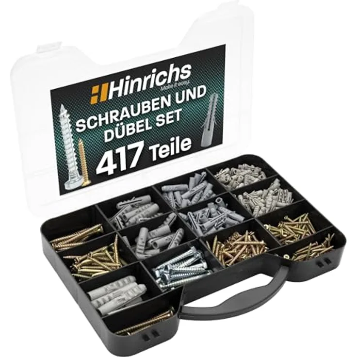 Hinrichs 417-tlg Schrauben Dübel Set - Aufbewahrungskoffer mit Dübelset in 4 Größen insgesamt 204 Stück + Schraubenset in 9 Größen insgesamt 213 Stück - Dübel -