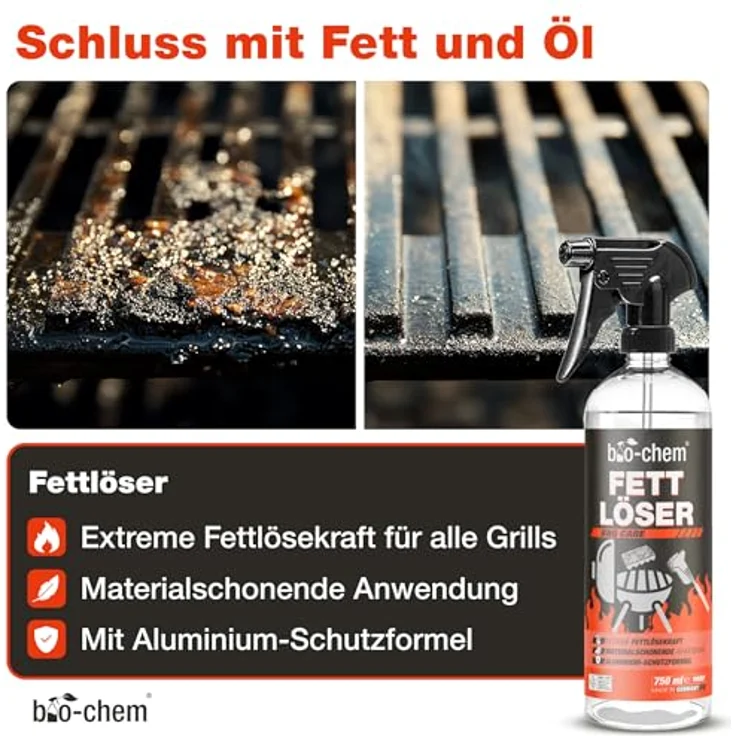 bio-chem Fettlöser Set, 5-teiliges Set mit 750 ml Fettlöser, 750 ml Edelstahlreiniger, Grillbürste, Reinigungsschwamm und Mikrofasertuch für milde Reinigung von Edelstahl und Aluminium – Bild 3