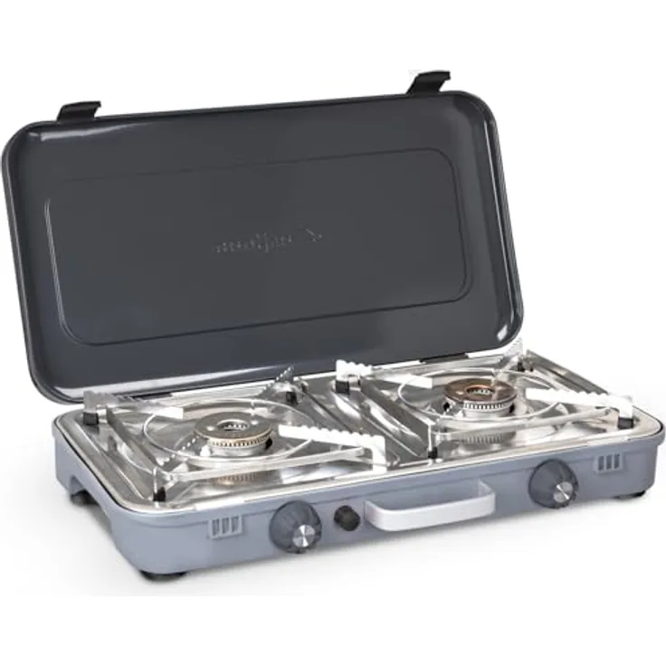 Brunner Devil Kookmaster, 2-flammiger Gaskocher mit piezoelektrischer Zündung und Edelstahl-Kochfläche