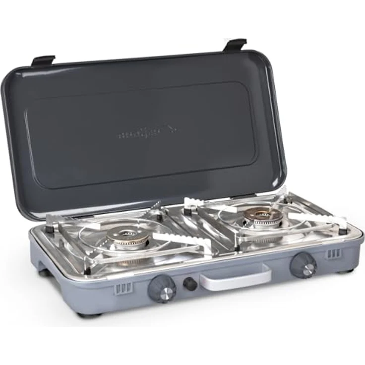 Brunner Devil Kookmaster, 2-flammiger Gaskocher mit piezoelektrischer Zündung und Edelstahl-Kochfläche – Bild 1