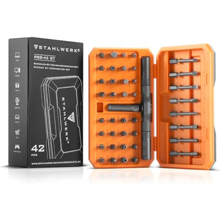 STAHLWERK Ratschen-Schraubendreher-Bit-Set RBS-42 ST, 42-teilig mit feinverzahntem Ratschen-Mechanismus und T-Griff, inkl. Magnetisier-Werkzeug
