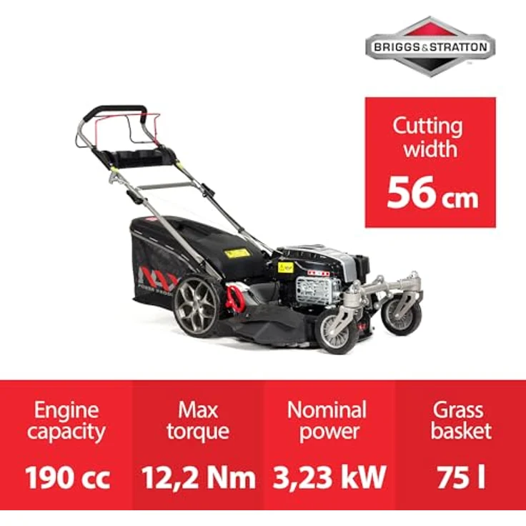 NAX POWER PRODUCTS 5000S Motor Briggs & Stratton 875EXi Series 190 cm3 ReadyStart Mähbreite 56cm Fangkorb 75l wendige Vorderräder Benzin-Rasenmäher mit Antrieb, Schwarz – Bild 3