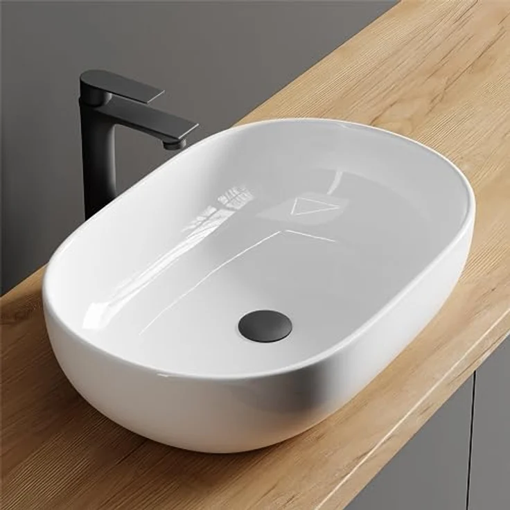 Planetmöbel Aquil Deluxe Waschbecken Oval | Aufsatzwaschbecken für Badezimmer und Gäste-WC | Handwaschbecken ohne Hahnloch und Überlauf | weiß, 60 x 40 x15 cm – Bild 1