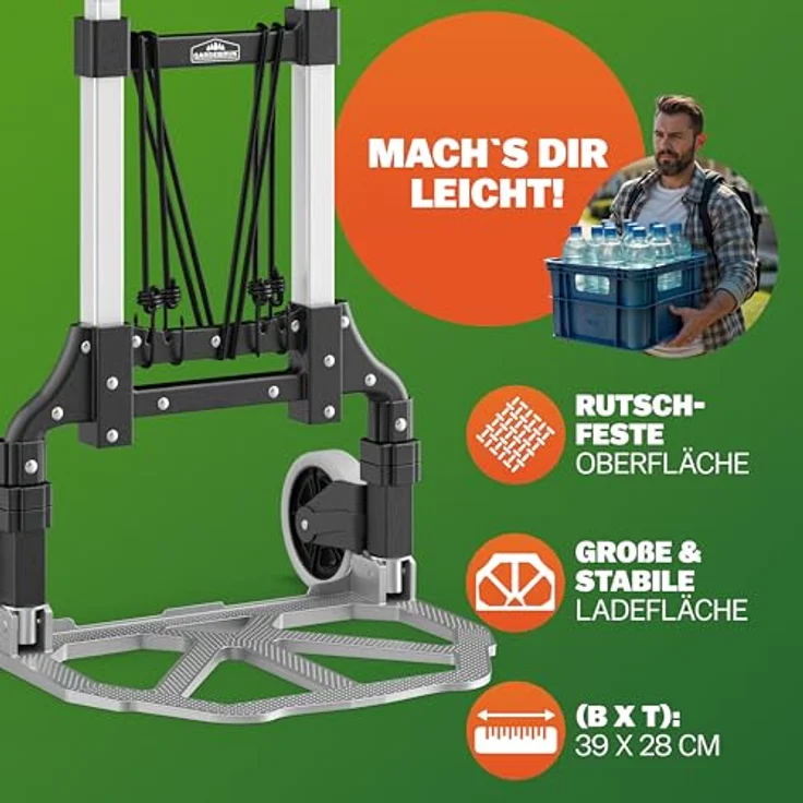 Gardebruk Sackkarre, Aluminium klappbar, 80 kg Tragkraft, verstellbarer Teleskopgriff, inkl. Handschuhe und Expanderseile – Bild 8