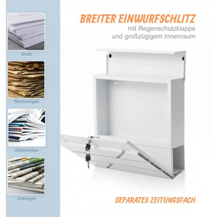 relaxdays Wandbriefkasten Metall mit Zeitungsfach und Zylinderschloss, weiß – Bild 6
