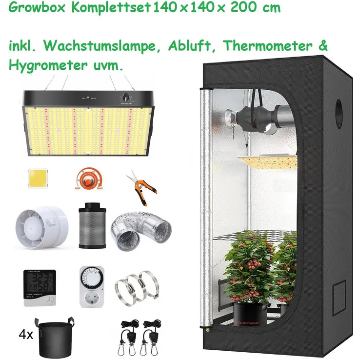 JUNG GrowPRO LED Grow Set + 1x Pure LED Q120, 200W, Gewächshaus Growbox Komplettset mit Zuchtzelt und LED Lampe, 140 x 140 x 200 cm, Cannabis Set Box Pflanze, Abluftset - JUNG