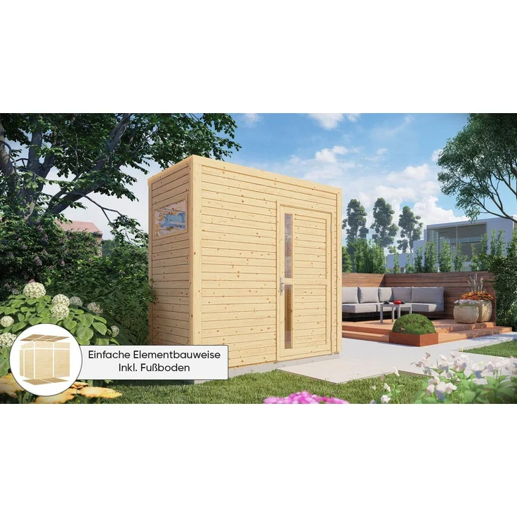 KONIFERA Gartenhaus Cubus 1, BxT: 234x121 cm, mit Fußboden und feuchtebeständigen Bodenelementen, Tür mit Zylinderschloss, beidseitig farbbehandelt