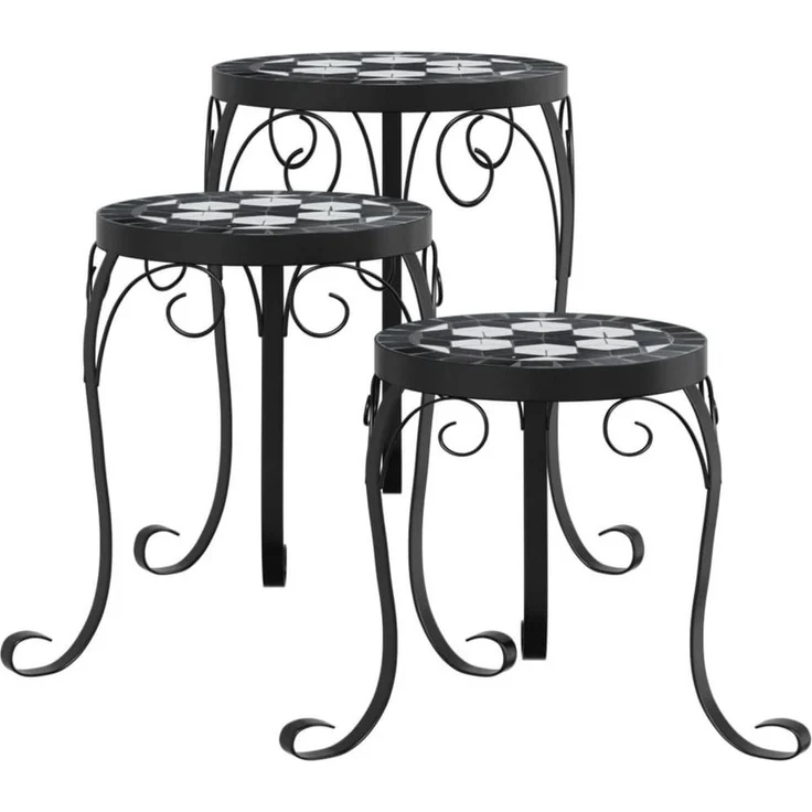 vidaXL Blumenständer, Pflanzenständer 3 Stk. Schwarz und Weiß Keramik mit Mosaik-Design und pulverbeschichtetem Eisen