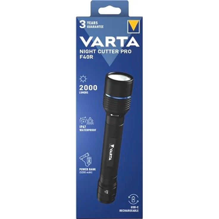 Varta Night Cutter Pro F40R, Taschenlampe aus Aluminium, 2000 lm, 350 m Leuchtweite, IP67 wasserdicht, Powerbank-Funktion, 23.35 cm – Bild 2