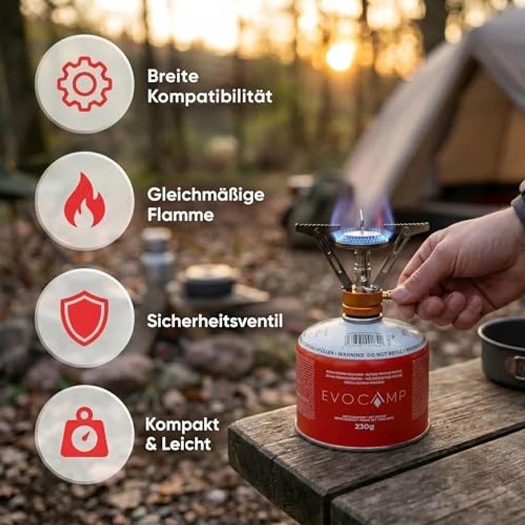 EVOCAMP 1X Gaskartusche 230g mit Schraubventil, EN417 Schraubkartusche für Campingkocher und Gaslampen, Butan-Propan-Gemisch, Sicherheitsventil, Ø 10,6 cm – Bild 5