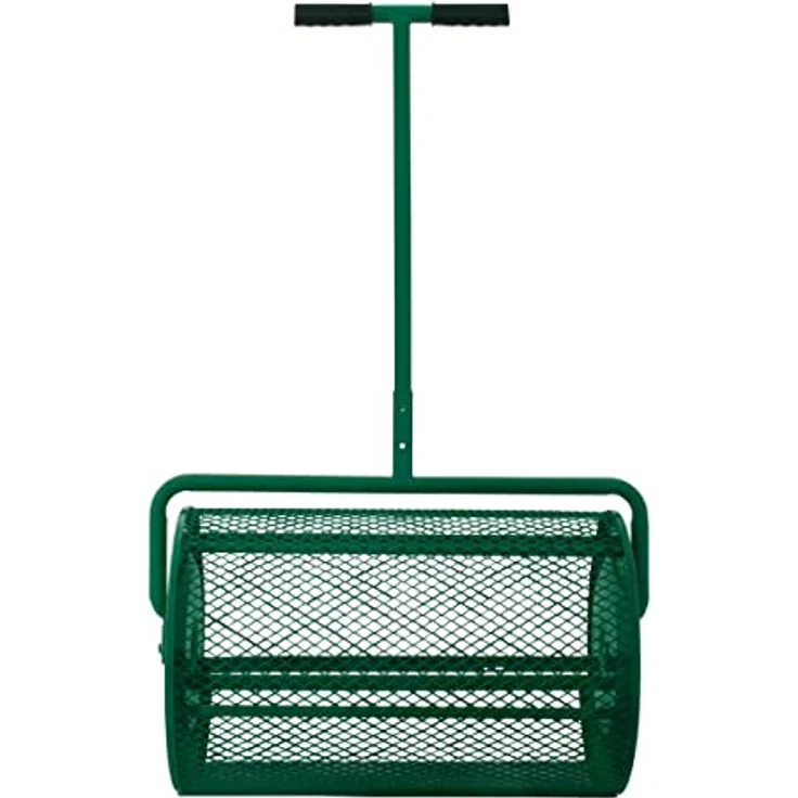 T-Mech 66cm Kompoststreuer Saatgutstreuer Grün Torfmoosstreuer Gartenstreuer Düngerstreuer Roller mit T Griff Garten Rasen Gras Stahl Verlängerbarer Griff 80L Maschenkorb Leichtgewichtig GRATIS Handschuhe – Bild 2