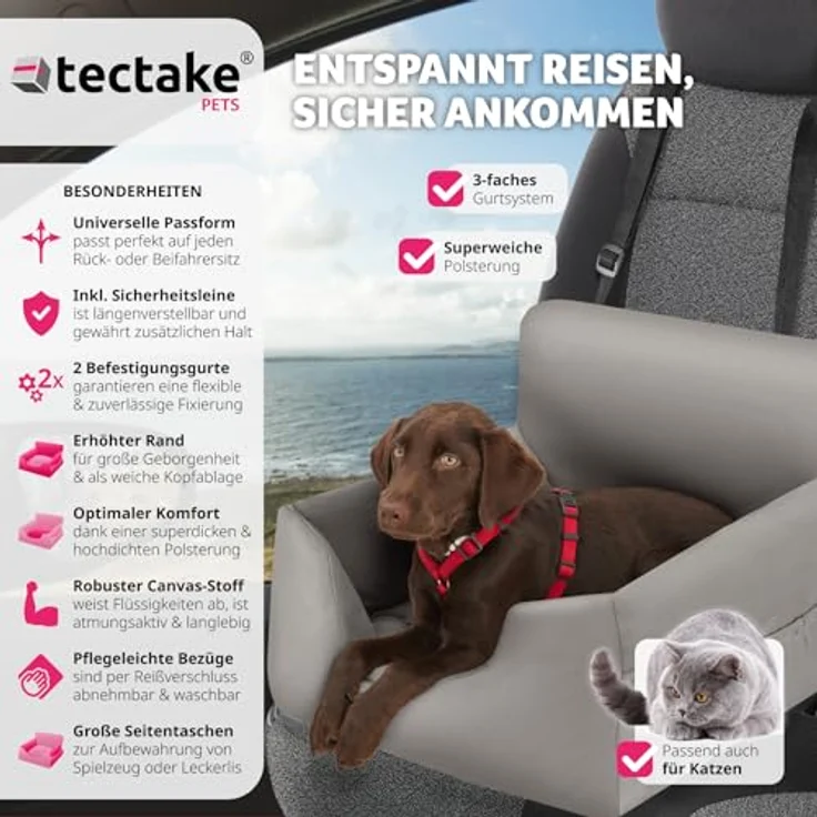 tectake® Hundesitz, Autositz für Hunde, Hunde Autositz für Rückbank, Beifahrer oder Rücksitz, Reisebett Hund, mit Hundegurt, Sitzerhöhung mit Hundeanschnaller, Hundebett mit Anschnaller - grau – Bild 2