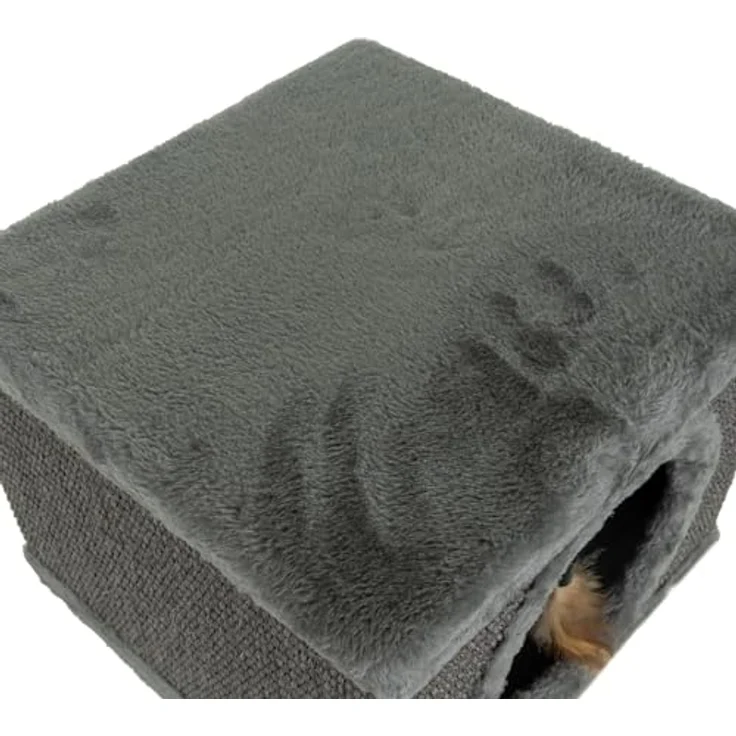 PURLOV Katzenhaus & Kratzbaum aus Sisal mit Plüsch, 2-in-1 Möbel für Kitten & Katzen, kompakt 38×32×32 cm, stabile Holzfüße, integriertes Spielzeug, schützt Möbel – Bild 5