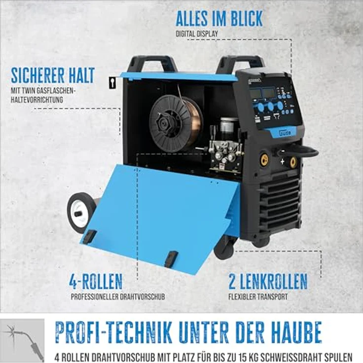 Güde Universalschweißgerät Uni-Mig 270 AS-Pro SYN, 400 V MIG/MAG mit 270 A, pulverbeschichtetes Stahlgehäuse, Digitaldisplay – Bild 3